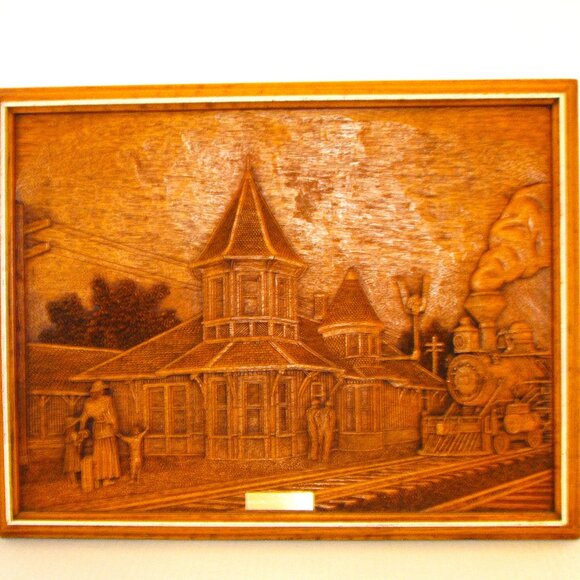 Vintage "Meeting at the Station" wood carving by Kim Murray shown in carved deta - Picture 1 of 8